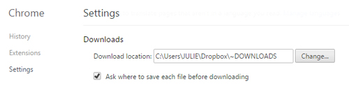 Screenshot of the settings in Chrome to change the default settings for file location for downloads