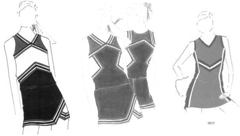 Drawings of cheerleader uniforms on outlines of human figures