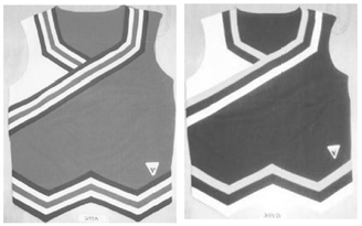 Photographs of two cheerleader uniforms