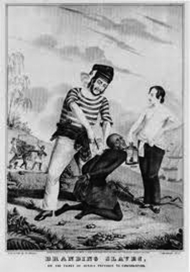 A 1845 lithograph by Nathaniel Currier entitled â€œBranding Slaves on the Coast of Africa Previous to Embarkation. The lithograph depicts a â€œkneeling, frightened African prisoner being branded on the back by a hot iron held by a slaver.â€ 