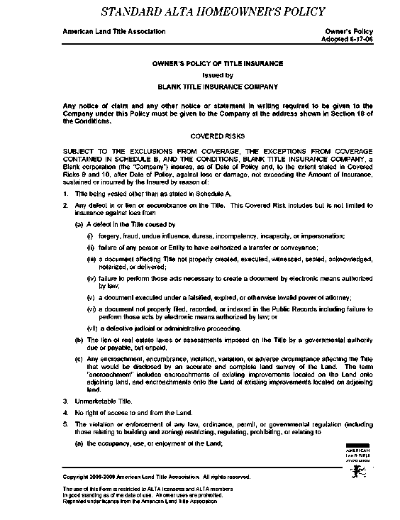 Appendix 7-1 Standard Alta Homeowner&rsquo;s Policy - Books and Journals 
