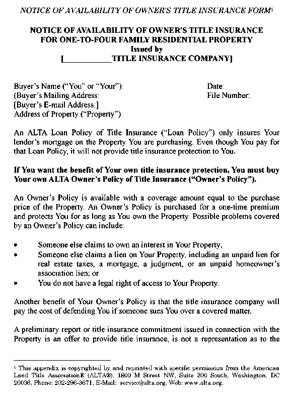 Appendix 5-3 Notice of Availability of Owner&rsquo;s Title Insurance 