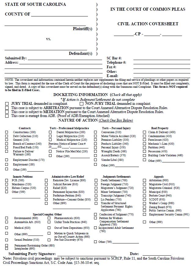 Appendix A Sample Forms From The Sc Judicial Department's Website 