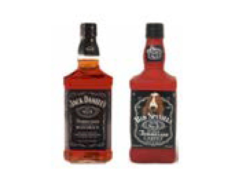 Picture of a squeaky toy for dogs that resembles a bottle of Jack Daniels Tennessee whiskey, alongside a picture of a Jack Daniels bottle. 