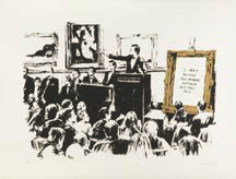 Artwork picture of Banksy's Morons, which depicts an art auction that includes a painting with the sentence, “I can't believe you morons actually buy this shit.”