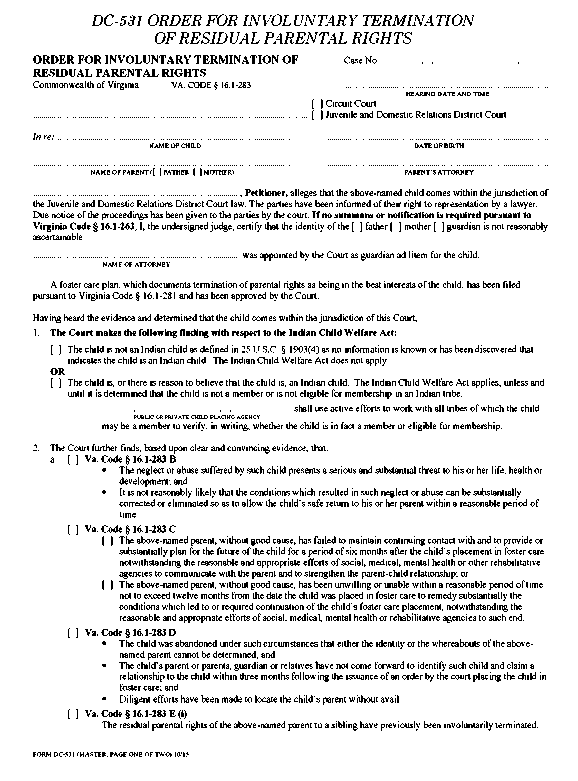 Appendix 14-9 Dc-531 Order for Involuntary Termination of Residual ...