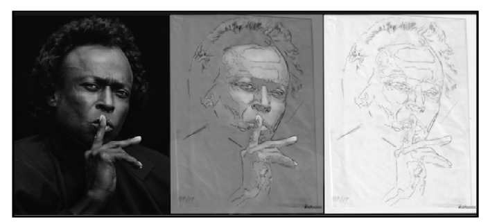 Three pictures of Miles Davis. The picture on the left is the original, the picture in the middle is a faded version of the original, and the picture on the right is a sketch outline of the original picture. 