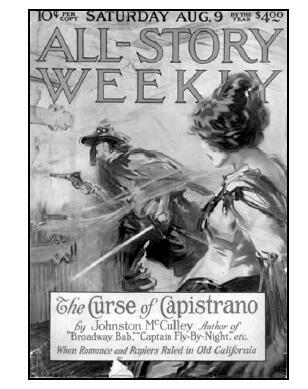 The cover from All-Story Weekly vol. 100 #2 (August 9, 1919) - vol. 101 #2 (September 6, 1919). The image on the cover includes the character Zorro and a woman from The Curse of Capistrano by Johnston McCulley. 