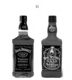 A side-by-side picture of a Jack Daniel's bottle on the left and a Bad Spaniels squeaky dog toy bottle on the right. 